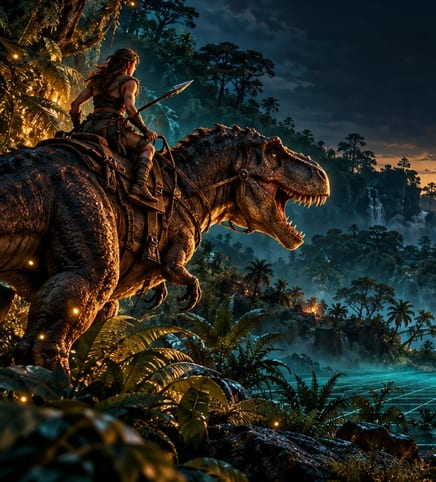 ARK: Survival Ascended art: a survivor rides a saddled T-rex through a jungle at dusk
