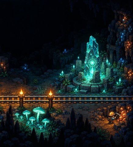 Core Keeper art: the glowing Core on its stone ring in an underground cavern, a miner with a pickaxe at the ore