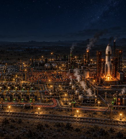 Factorio art: a rocket on its silo lit up above a sprawling factory of belts, pipes and refineries at night