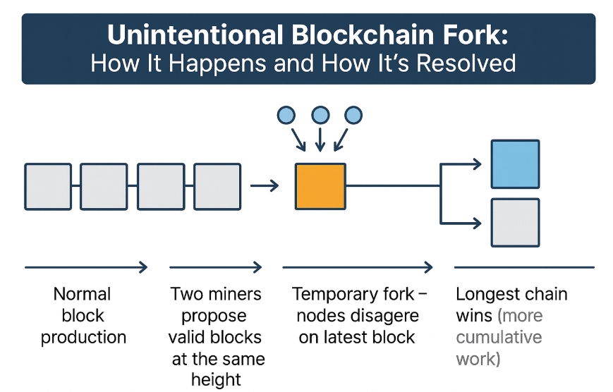 Diagram showing unintentional blockchain fork resolution process