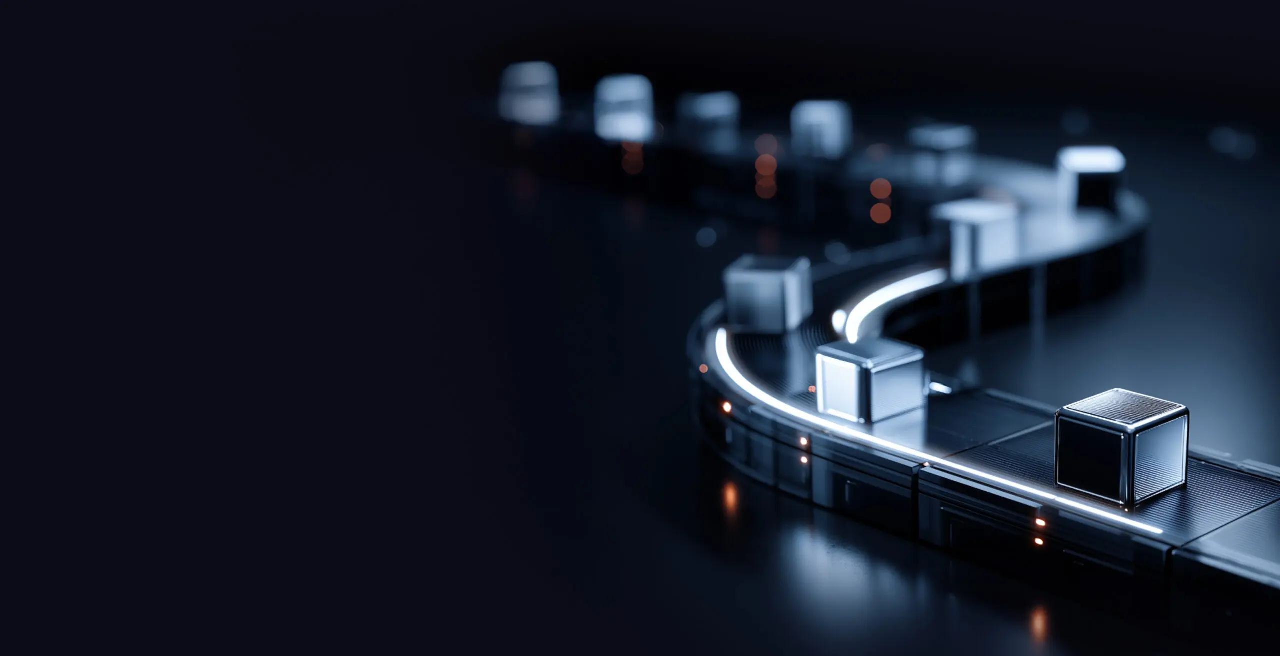 Metal cubes on futuristic conveyor belt