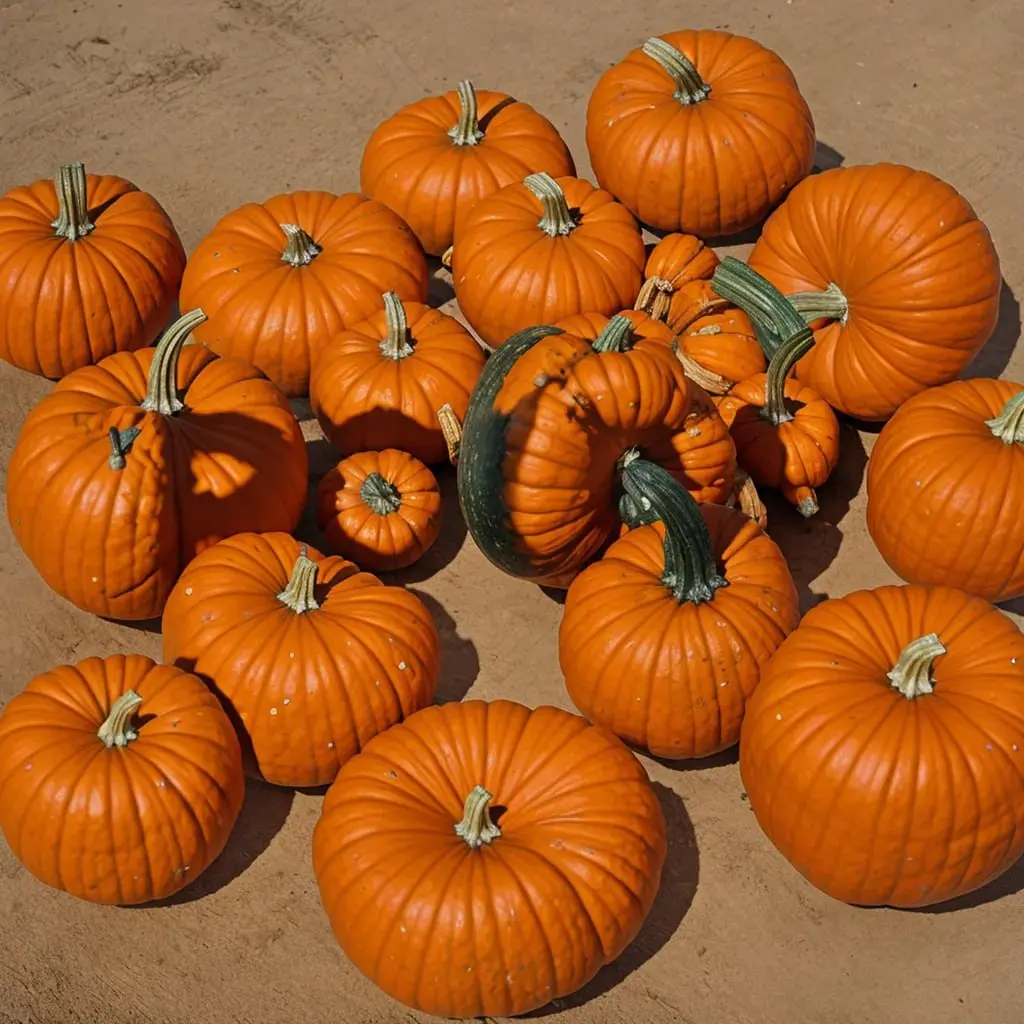 Group of orange pumpkins on a ground surface