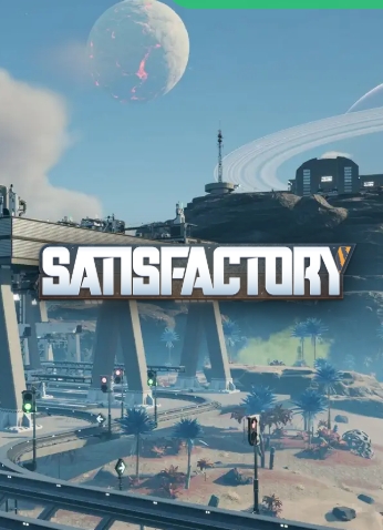 Satisfactory game futuristic factory landscape