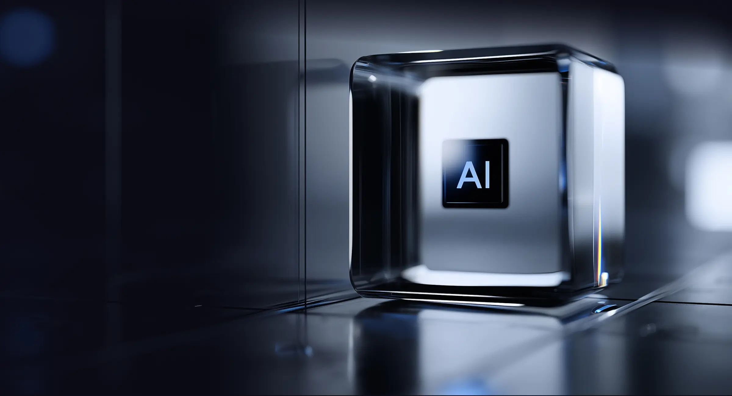 Futuristic metallic cube labeled AI technology